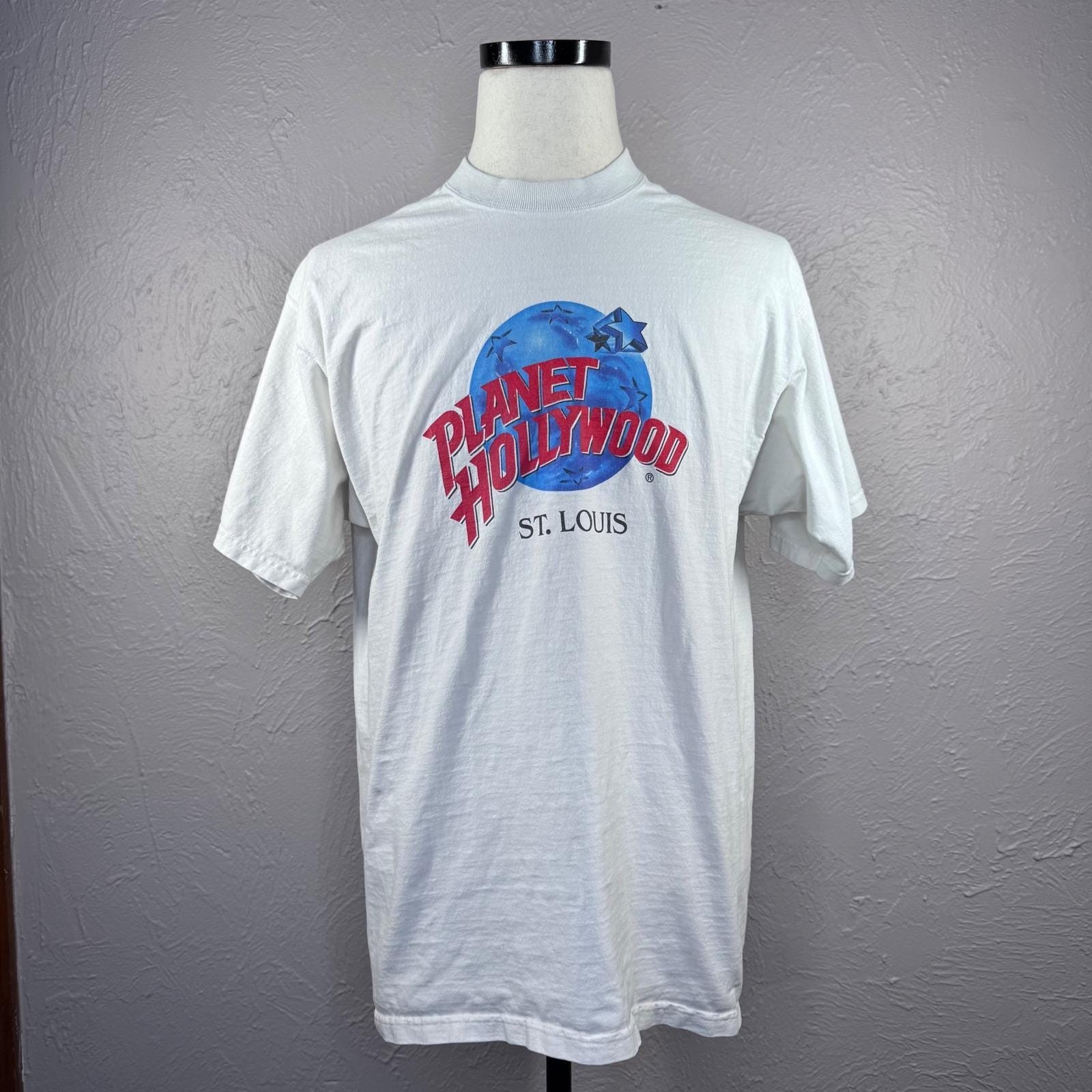 Vtg 1991 Single Stitch Large White Planet Hollywood St Louis Crew Neck Shirt